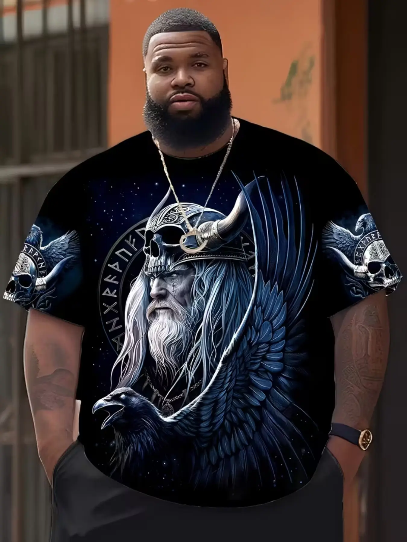 Men's Odin Warrior 3D Short Sleeve T-Shirt, Large Size, Viking Design, Casual Round Neck, Stretchy Fabric, Loose Fit, All Seasons