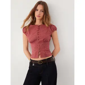Cider Red Gingham Square Neck Puff Sleeve Blouse