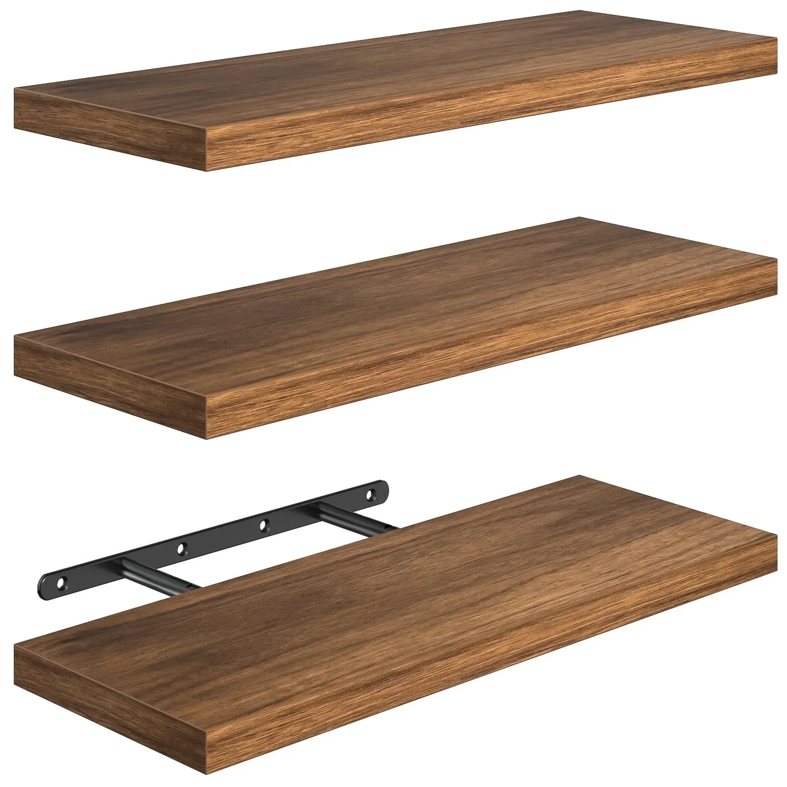 Floating Shelves for Wall, 16" Bathroom Shelf Rustic Wood with Metal Brackets, Floating Shelf for Bathroom, Living Room, Bedroom and Kitchen, Farmhouse Decor Set of 3, Rustic Brown