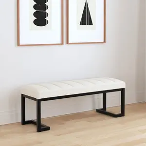 Modern Backless Boucle Upholstered Channel Tufted Accent Bench with Metal Frame, Vanilla, for Living Area