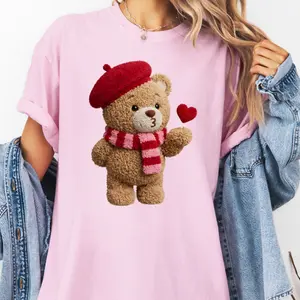 Faux Yarn Teddy Bear with Heart Comfort Color T-shirt, Women's Trendy Graphic T-shirt