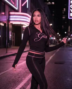 Gia Logo Black Pink Tracksuit – Y2K Fashion Two Piece Outfit for Women, Cropped Zip Up Hoodie & High Waist Pants Set, Trendy Street Style for Night Out, Vacation and Daily Wear, Soft Stretchy Fabric