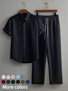 Two-Piece Set Men's Linen Set, Casual Matching Short Sleeve Button Up Shirt & Pants Set for Summer, Men's Clothes for Beach Vacation