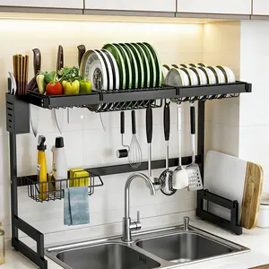 CUGBO kitchen organization Large 2-Tier Stainless Steel Metal Kitchen Dish Drainer Rack - Hangable Above-the-Sink Dish Drying Organiser with Hooks, Easy Installation Space Saver for Utensils Display Rack Display Storage Rack Display Shelf Display Rack
