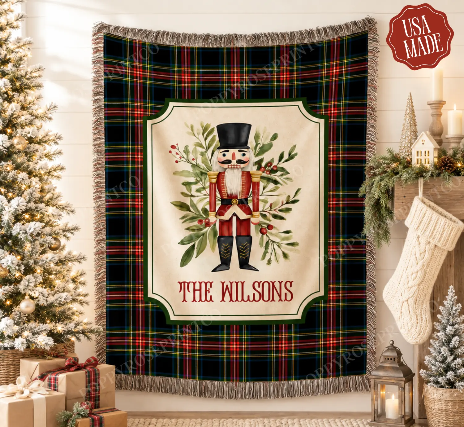 Personalized Plaid Nutcracker Christmas Woven Blanket 100% Cotton