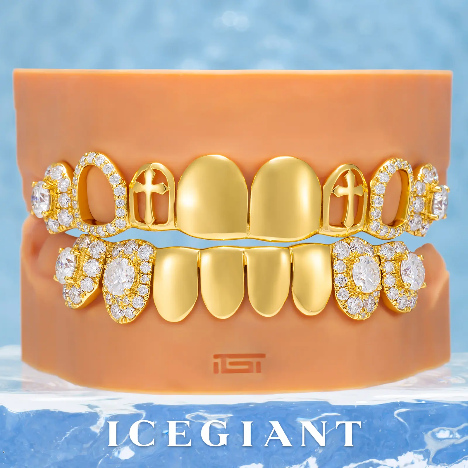 Unisex Polish Gold-Silver Custom Grillz Set, Cross Motif Artificial Gemstone Jewelry, Clean Open-Face Cutout Accessory for Adults’ Bold Casual Skateboarding Look