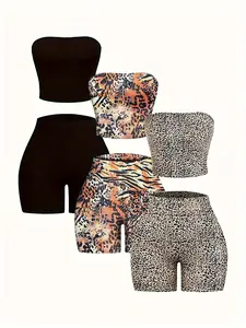 Women's Plain Crop Tank Top & Leopard Print Overlap Waist Skinny Shorts Set, Casual Fashion Cozy Breathable Two-piece for Daily Outdoor Wear, Ladies Clothes for Summer, Suits