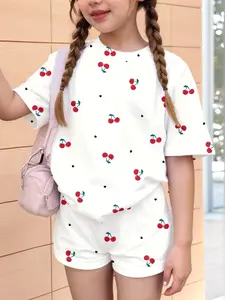 Girls Summer Short Sleeve Shorts Set, Cute Cartoon Cherry Print, Round Neck T-Shirt, Elastic Waist Pants, Casual Outdoor Wear, Fashion Clothes Set, Ages 4-8