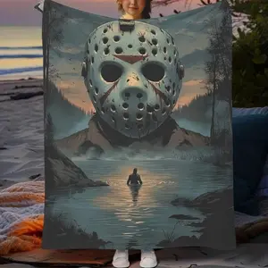 Horror-Themed Flannel Blanket – Soft Polyester with Jason Voorhees Design, Perfect for Home Decor, Outdoor Adventures, Valentine’s Day, Thanksgiving, and Christmas, Man Woman Gift, Halloween Blanket Plush Movie