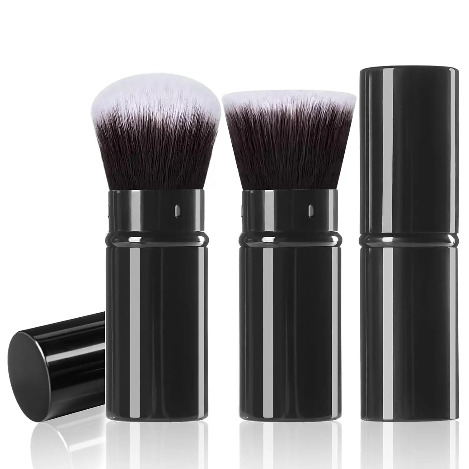 Retractable Kabuki Makeup Brush, 2 Pack Travel Powder Foundation Makeup Brush Set Face Blush Brushes with Aluminum Handle for Liquid, Cream, Cosmetics, Loose Powder, Bronzer