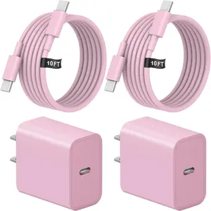 SANPRIO 2 Pack 20W Super Fast Charger with 10Ft Type-C to C Cable for iPhone 16/15 iPad Pro12.9/11 Air Mini USB Mobile Smartphone Charging Device Pink - Cellphone