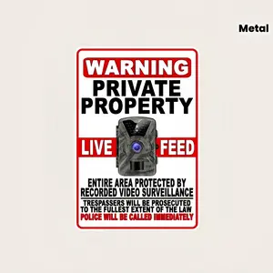 Vintage Metal Warning Signs with Live Surveillance Cameras Including Private Property and Entire Area Protected Messages Easy Wall Installation Suitable for Home and Outdoor Security Decor No Power Needed