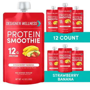 Designer Wellness Protein Smoothie, Real Fruit, 12g Protein, Low Carb, Zero Added Sugar, Gluten-Free, Non-GMO, No Artificial Colors or Flavors, Strawberry Banana, 12 Count
