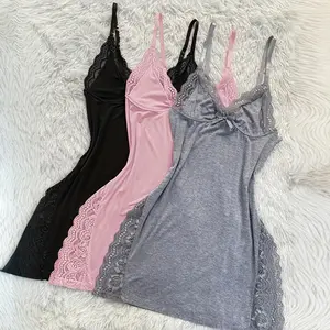 ChicMe Women's 3-Pack Pajamas Set/Lace Pajama Set - Lace Trim Modal Cami Nightgown, Side Slit Sleep Dress with Bowknot, Soft Valentine's Day Sleepwear & Loungewear Womenswear Womenswear