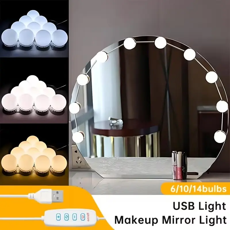 Three-Color LED Makeup Mirror Light Bulb, USB Adjustable Brightness, Bedroom & Bathroom Vanity Lighting, Dressing Table Light, Hollywood Style, Ideal Gift