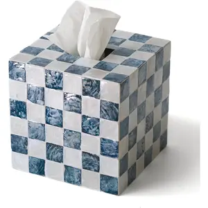 5.7" Square Handmade Checkered Cube Tissue Box Cover with Capiz Shells, Decorative Mother of Pearl Tissue Holder for Living Room, Bathroom, Bedroom & Office, Navy Blue