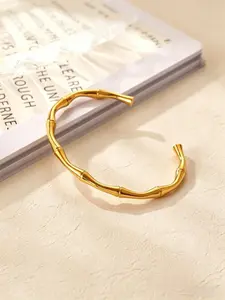 Gold Tone Bamboo Joint Open Cuff Bangle Bracelet for Women, Dainty Bamboo Shape Bangle, Elegant Everyday Jewelry