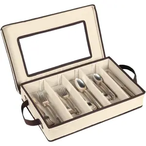 Flatware  Case - Durable 5 Compartment Silverware  Container Box with Removable Lid and Easy to Carry Handles - Large Capacity Keeps Your Cutlery Organized & Protected - Beige