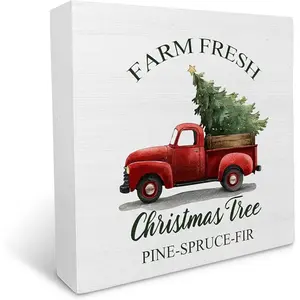 Christmas Wooden Box Sign, Farmhouse Red Truck Christmas Tree Wood Box Decorations for Home Bedroom Office, Rustic Xmas Country Wooden Block Plaque Desk Shelf Decor 5x5 Inch