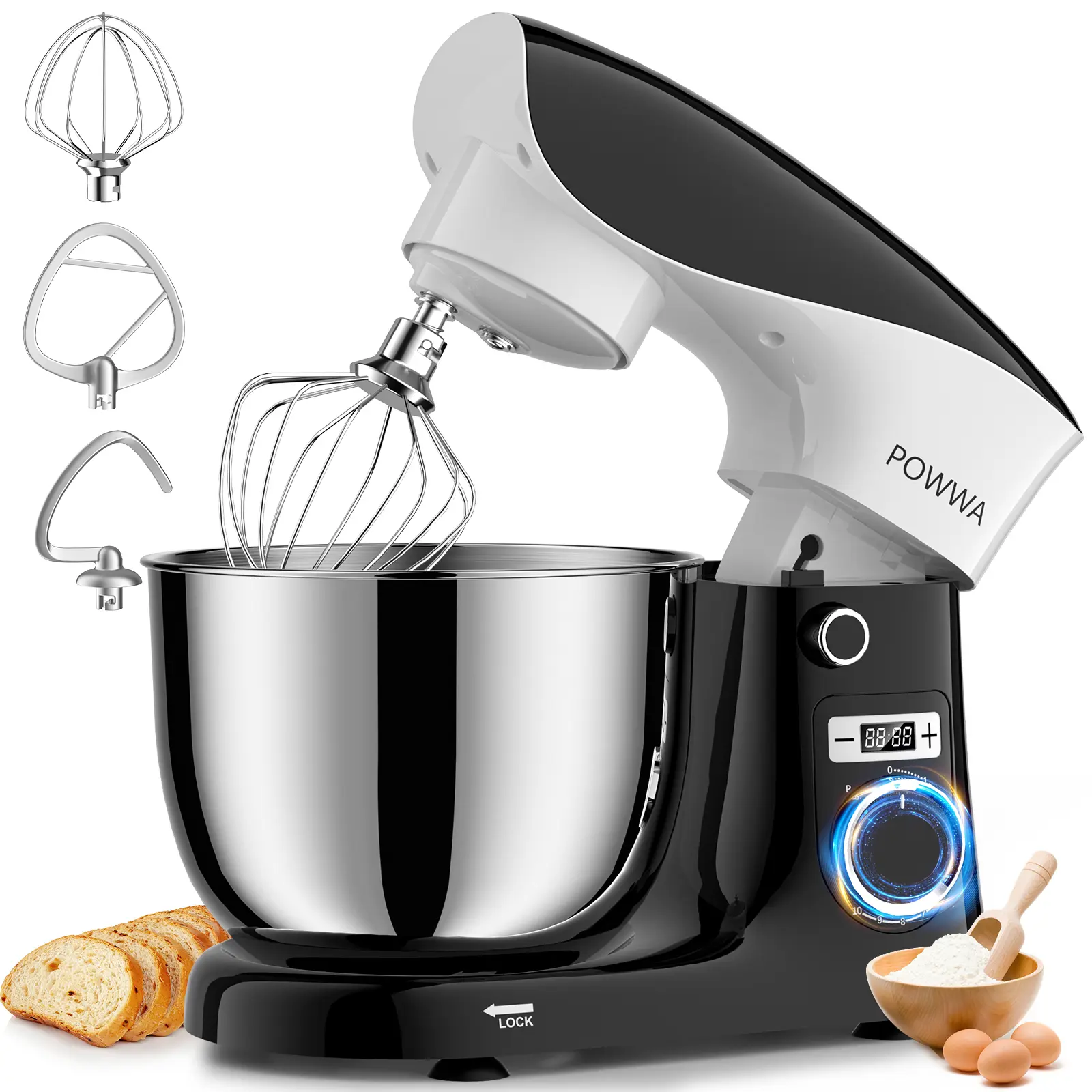 POWWA 6.5 QT Stand Mixer, 10 Speeds Tilt-Head Electric Stand Mixer, 3-In-1 Kitchen Mixer with Bowl, Dough Hook, Whisk and Beater, Food Mixer for Baking and Daily Use (White Blue) Mixing Bowls High Capacity