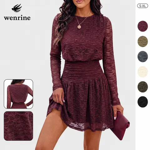 Wenrine Women's Fitted Crew Neck Long Sleeve Cotton Floral Lace A-Line Dress - High Waisted, Ruched, Slimming Flared, Lightweight, Breathable for Evening Party Dancing