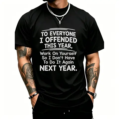Men's Short Sleeve T shirts Funny "To Everyone I Offended This Year Work On" Quote Sports Summer Party Graphic Tee with Digital Print Regular Fit Classic Crew Neck