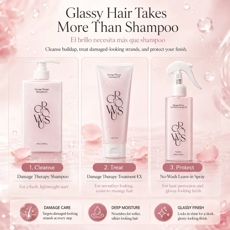 3-Step Glassy Hair Complete Routine Set for Dry, Damaged & Frizzy Hair | Marine Peptide, Ceramide, Keratin & Collagen | Shampoo + Treatment + Leave-in Spray with Heat Protection | GROWUS 3-Step Glassy Hair Complete Routine Set for Dry, Damaged & Frizzy Hair | Marine Peptide, Ceramide, Keratin & Collagen | Shampoo + Treatment + Leave-in Spray with Heat Protection | GROWUS