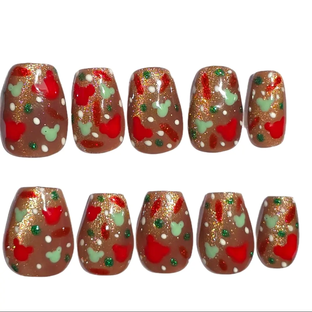 M Mouse Cat Eye Christmas Nails with Festive Red Green and Gold Glitter Design for Holiday Season