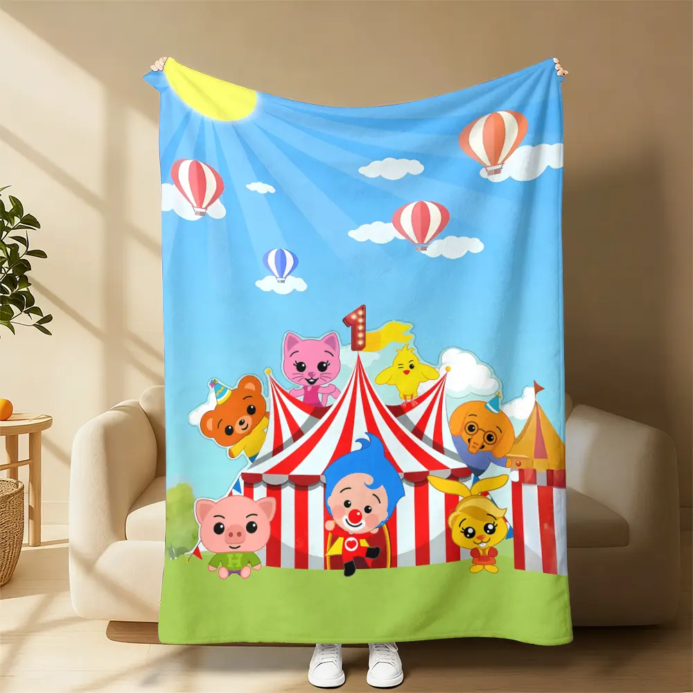 Plim Plim Circus Carnival Blanket - Blue Plush, Colorful Fuzzy, Comfi, Child-Friendly Blanket with Plush Fabric for Kid’s Bedroom Snuggling, Movie Nights, Blue Plush Blankets, Child-Friendly Blankets