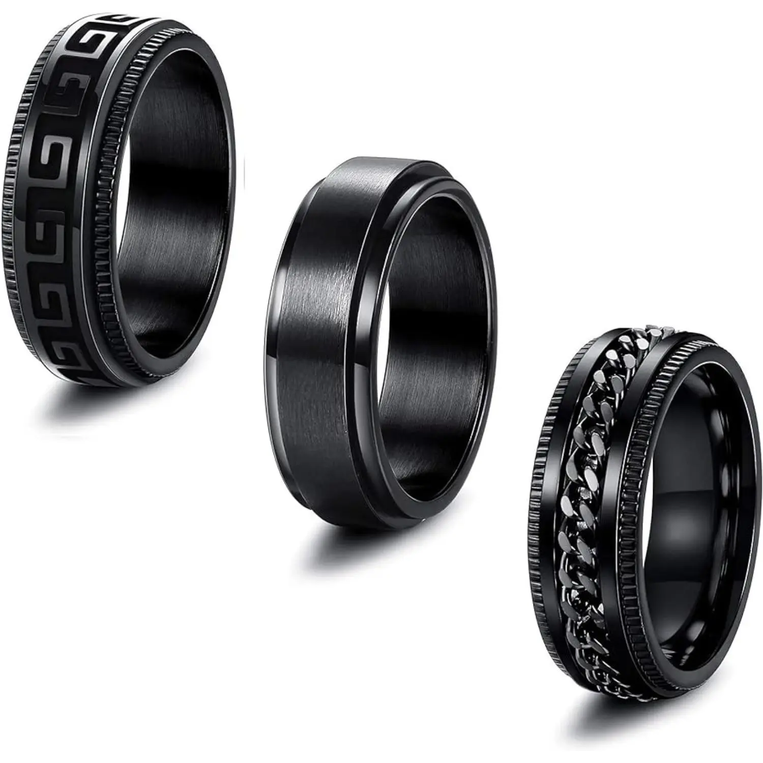 FLORIDECO 3Pcs 8MM Wide Stainless Steel Stackable Fidget Rings Set, Chain-Detail Greek Key Spinner Band, Men's Fashion Promise Ring, Stress-Relieving Fidget Item & Men's Accessories, Stackable Rings,summerwins