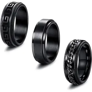 FLORIDECO 3Pcs Stainless Steel Fidget Ring Set for Men Women Cool Chain Greek Key Spinner Band 8MM Wide Wedding Promise Stress Relieving