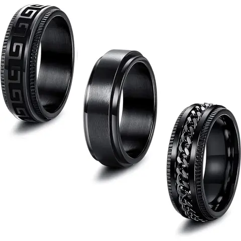 FLORIDECO Men's Bold 3Pcs 8MM Wide Stainless Steel Stackable Rings Set - Trendy Chain Look Chain Greek Key Spinner Band, Stress-Relieving Unisex Casual Fashion Promise Rings for Women, Trendy Jewellery Accessories