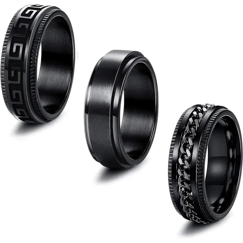 FLORIDECO Men's Bold 3Pcs 8MM Wide Stainless Steel Stackable Rings Set - Trendy Chain Look Chain Greek Key Spinner Band, Stress-Relieving Unisex Casual Fashion Promise Rings for Women, Trendy Jewellery Accessories