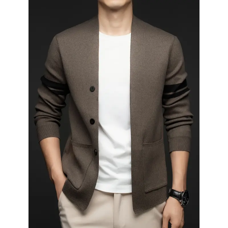 Men's Casual Knit Cardigan Blazer with Striped Sleeves, Regular Fit Sweater Featuring a Lapel Collar in a Wool, Viscose & Acrylic Blend, Longsleeves, Button, 27.4% Viscose Fiber, Dry Clean, Wool-Polyester Blend, Tops, Menswear, Stretch, Knitwear