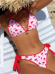 25SS Summer Trend Women's 2pcs Bikini Set, Black and Red Color Block with Cherry Print, Bud Trim, Cherry Accessories, Halter Neck Tie, Fashionable Casual Swimwear