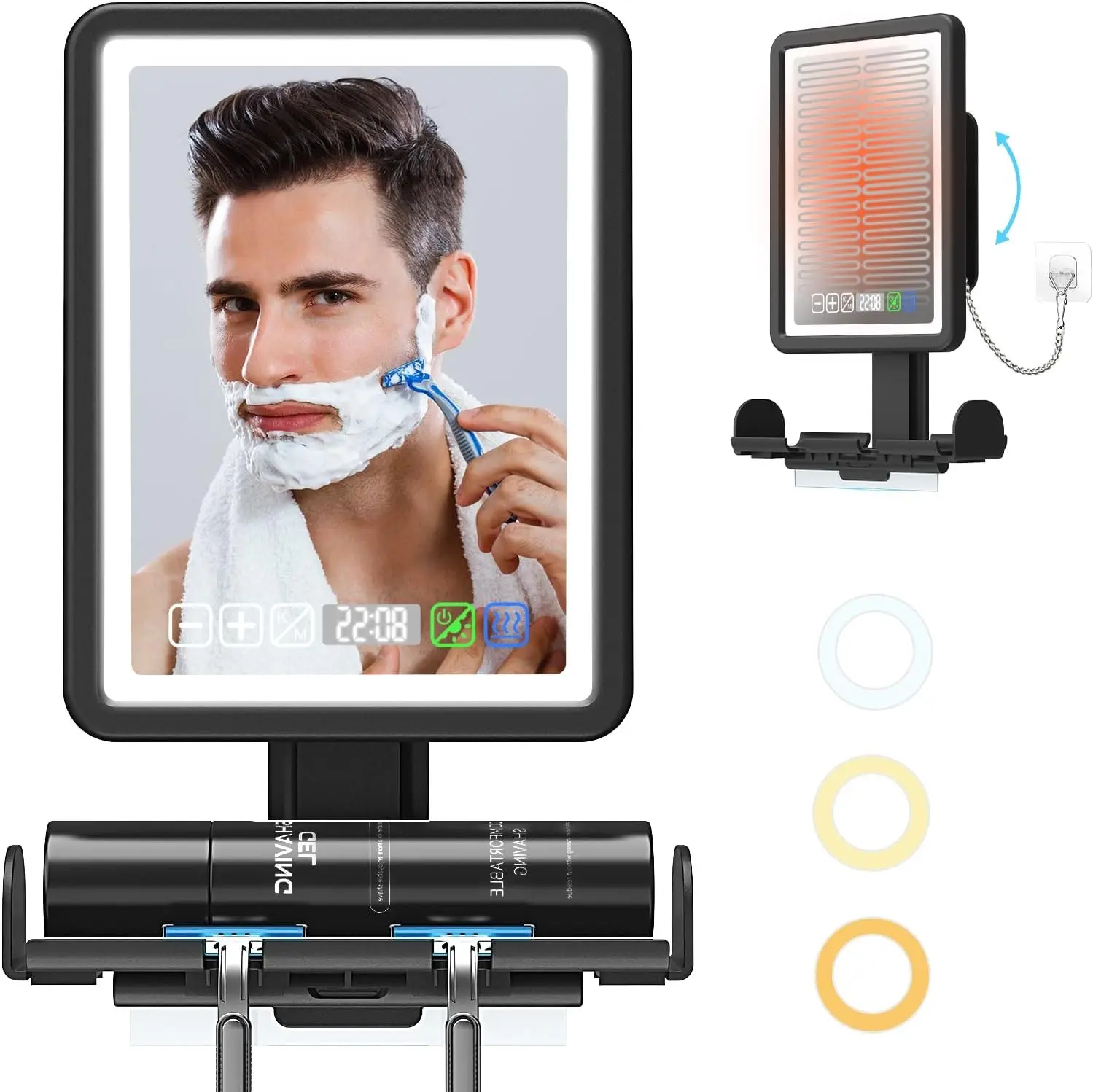 Shower Mirror Fogless for Shaving, LED Heated Rechargeable Fogless Mirror for Shower with Digital Clock & Storage Tray, 3 Color Lighting, Dimmable Touch Screen, Anti-Fog Shaving Mirror for Shower