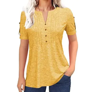 Goranbon Women's fashion summer pleated button short sleeve T-shirt summer V-neck solid color casual Tunic top
