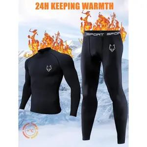 2PCS Men��s Thermal Underwear Track & Field Set �C Black Base Layer with Wolf Logo |  Warmth Retention, Winter Long Johns for Skiing, Hiking, Outdoor Cold Weather Sportswear