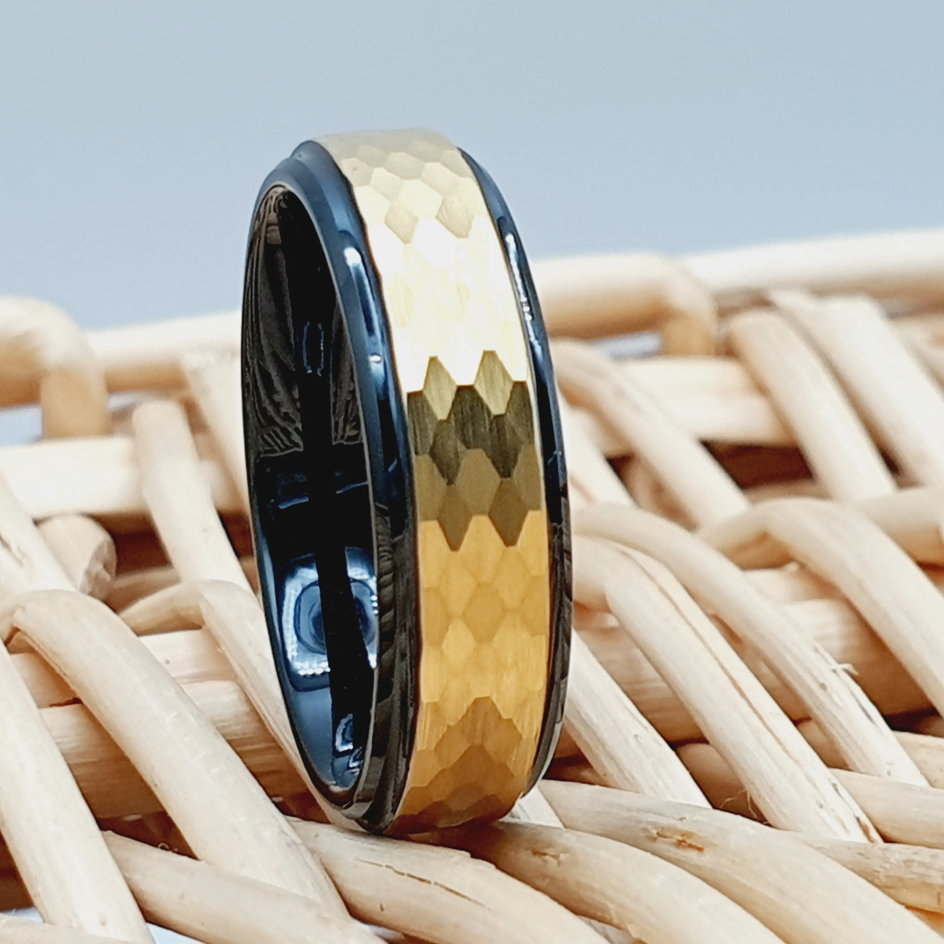 Gold Hammered Wedding Band for Men, 6mm Mens Wedding Ring, Couple Wedding Band, Black Engagement Ring