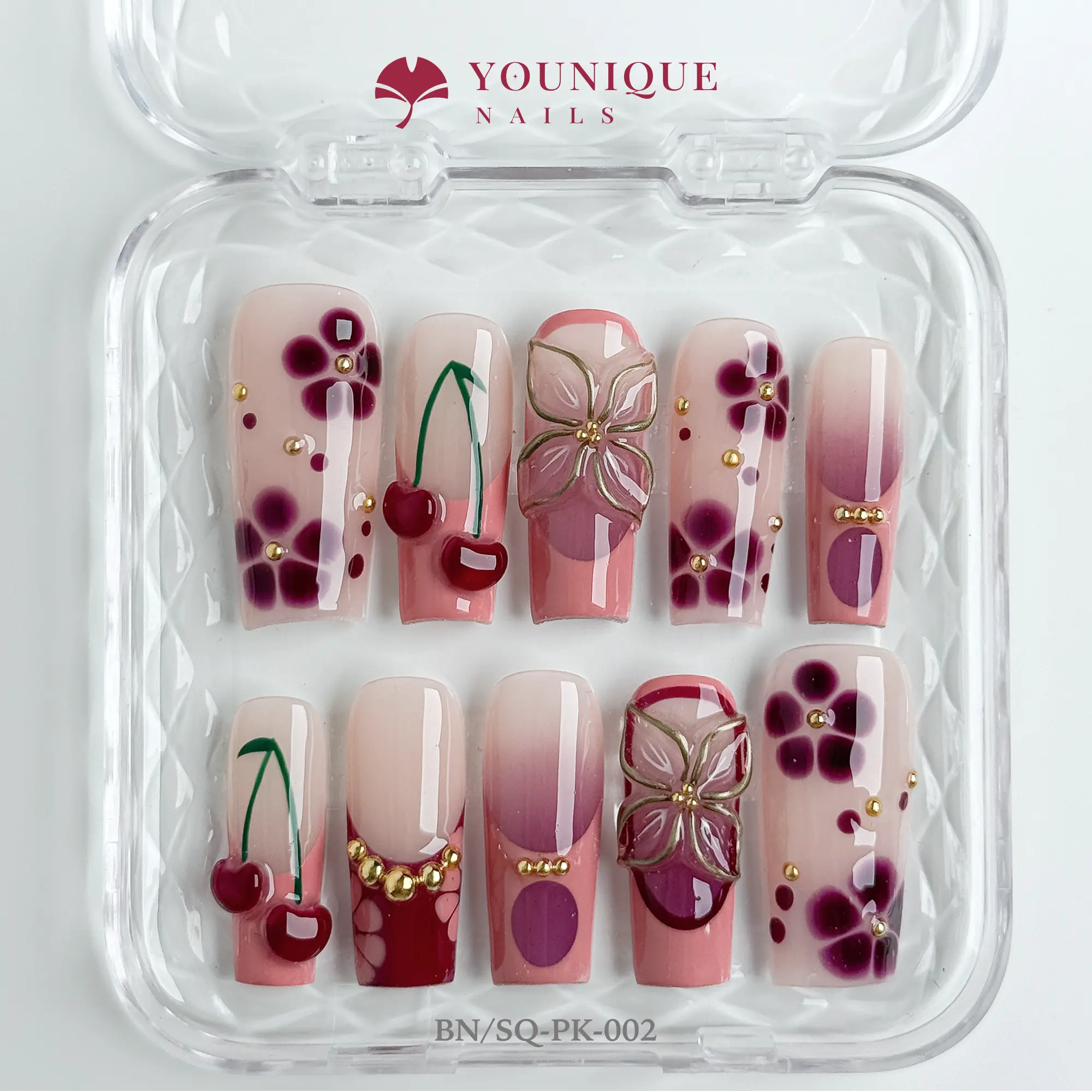 Younique Nails | Long Square Press-On Nails Collection | 10PCS 100% Handmade Press-On Nails | Reusable Colorful Art Glossy Design Acrylic Luxury Long Lasting 3D Stylish Office Wear Floral Embellished Rhinestone salon-quality