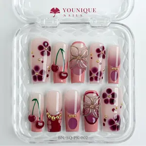 Younique Nails 2025 | Long Square Press-On Nails Collection | 10PCS 100% Handmade Press-On Nails | Reusable Colorful Art Glossy Design Acrylic Luxury Long Lasting 3D Stylish Office Wear Floral Embellished Rhinestone salon-quality