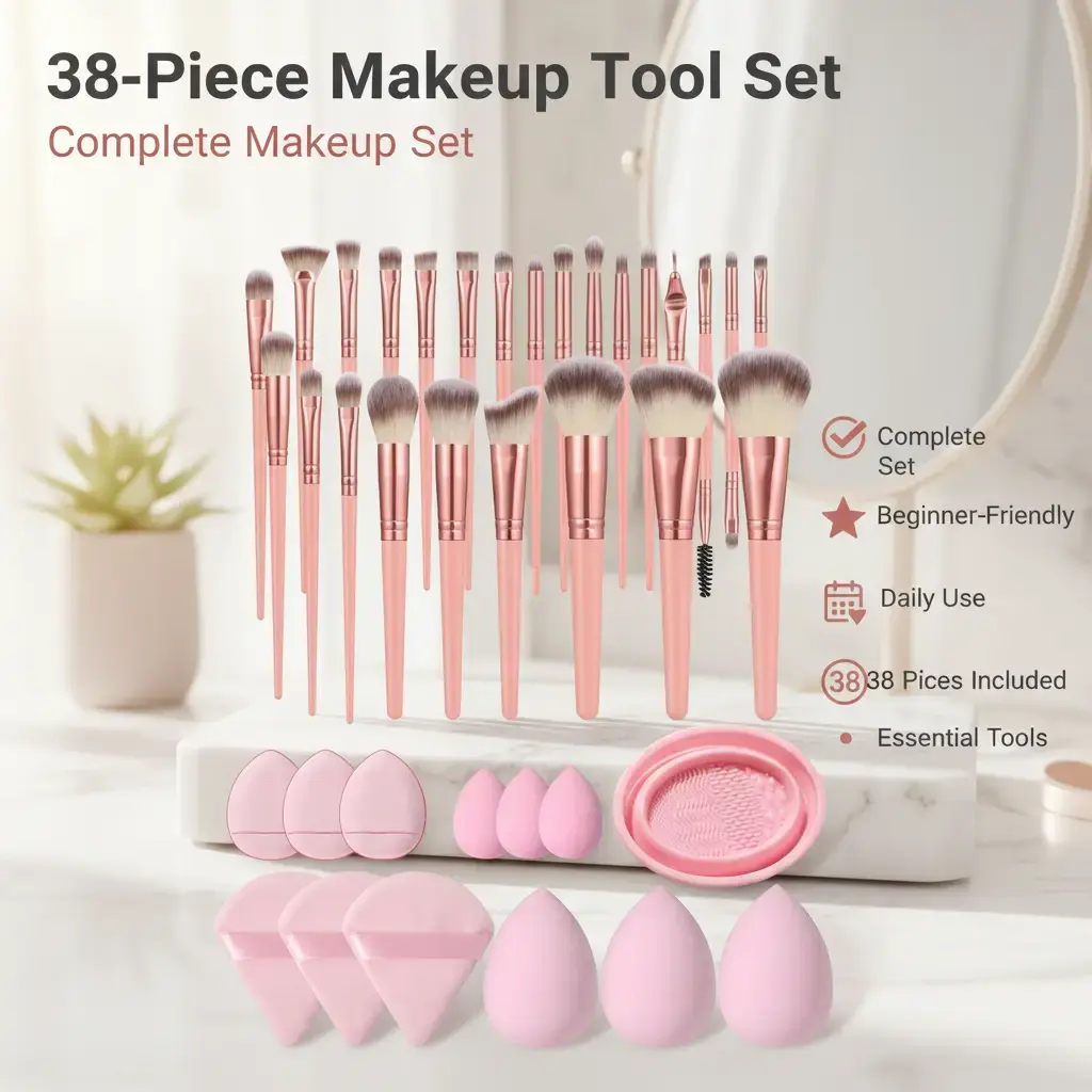 38 piece makeup tool set, including 25 makeup brushes set, 3 triangular powder puffs, 3 large and 3 small makeup balls, 3 finger powder puffs, and 1 washing bowl. Suitable for beginners to use daily makeup tool set