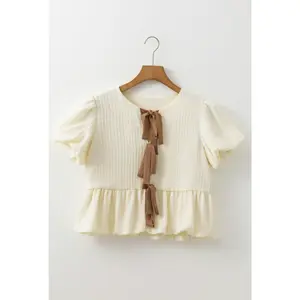 Bow Ties Front Bubble Hem Puff Short Sleeve Blouse