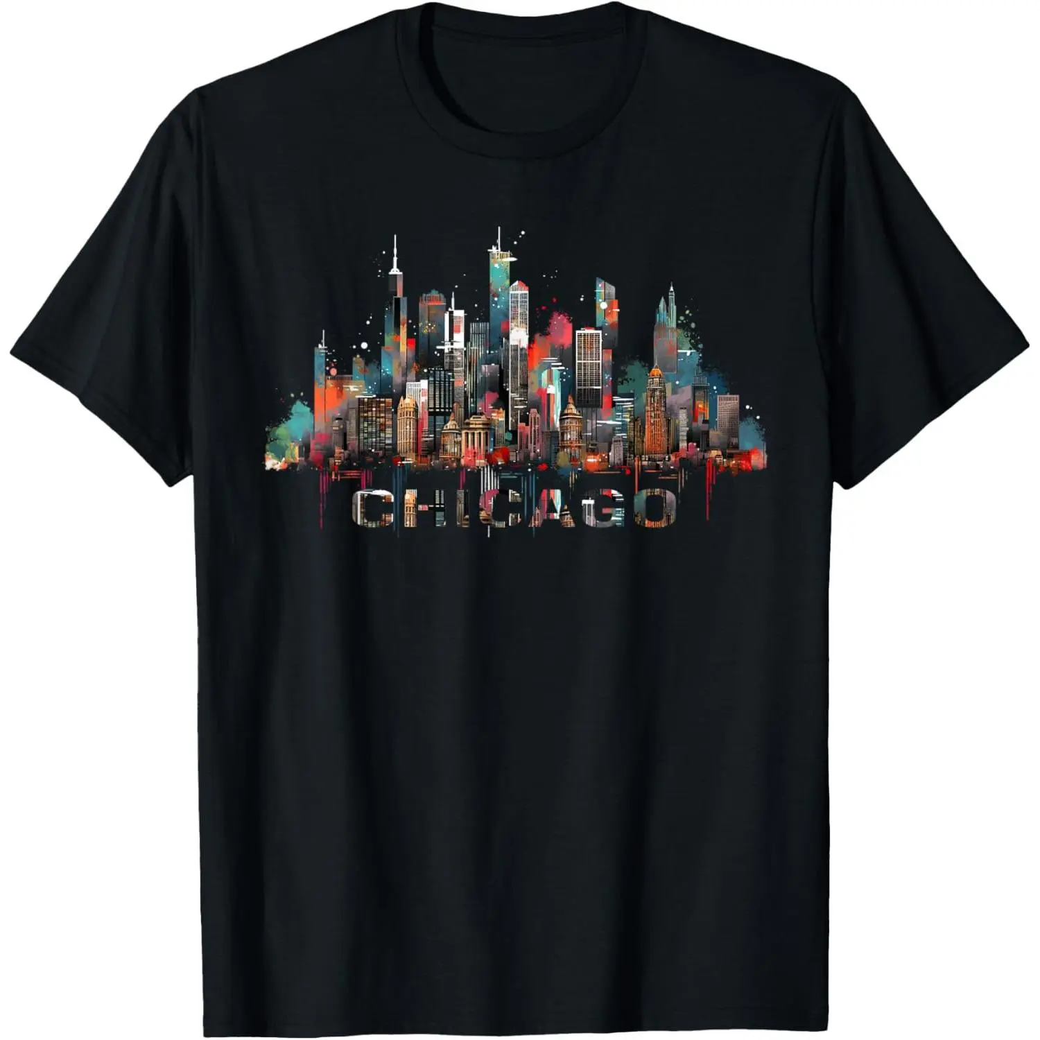 Men's Chicago Skyline Graphic T-Shirt in Soft 100% Natural Cotton, Casual Short Sleeve Streetwear Top Ideal for Sensitive Skin, Menswear, Moisture Absorbent