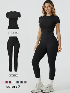 Women Two Piece Set New Solid Color Short Sleeve Long Pants Sports Suit Versatile Soft Comfortable Moisture Wicking High Elastic Waist Tummy Control Hip Lifting Yoga Set Gym Running Outfit Tight Pilates Breathable Sports Pants Workout Sets