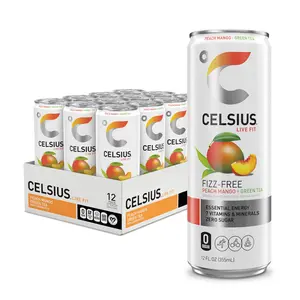 CELSIUS Peach Mango Green Tea, Functional Essential Energy Drink 12 Fl Oz (Pack of 12) Beverage Sport