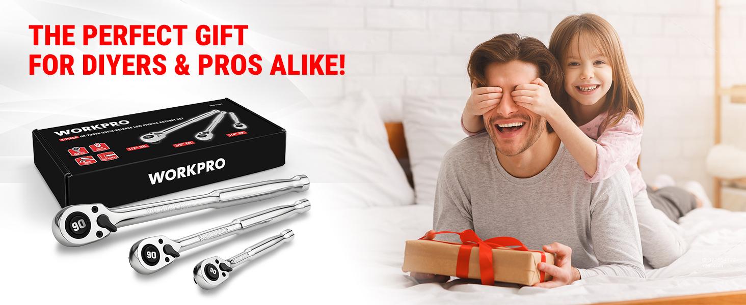 WORKPRO Low-Profile Drive Ratchet Set - 1/4", 3/8", 1/2" Sizes, 90-Tooth Quick-Release, Reversible, 4° Swing, CR-MO Steel Compact Head, Polished Finish, for DIY Maintenance, Tight Spaces, Tool Enthusiasts