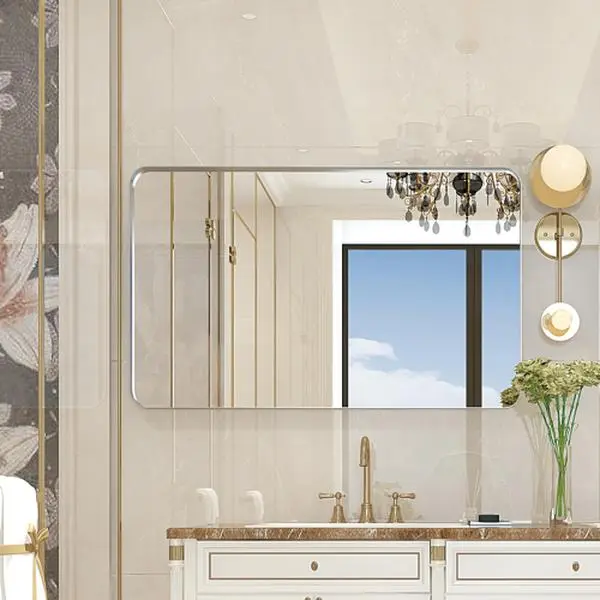 Glossy Brushed Silver Metal Frame Bathroom Vanity Mirror with Rounded Corners, Wall Mounted Rectangle Farmhouse Wall Mirror for Home Decor, Horizontal or Vertical Hanging (30"/36"/40")