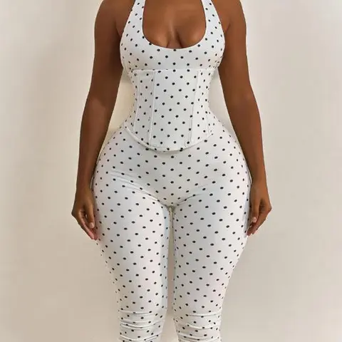 Women’s Seamless Polka Dot Shapewear Halter Bodysuit 2-Piece Set, Tummy Control & Butt Lift Waist Trainer Built In Faja Romper