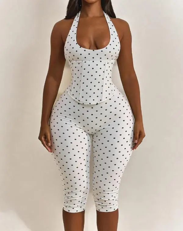 Women's Seamless Sculpting Halter Polka Dot Romper – Tummy Control & Butt Lift